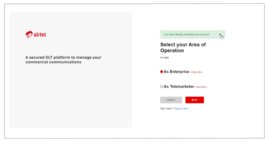 Airtel DLT Login as enterprise