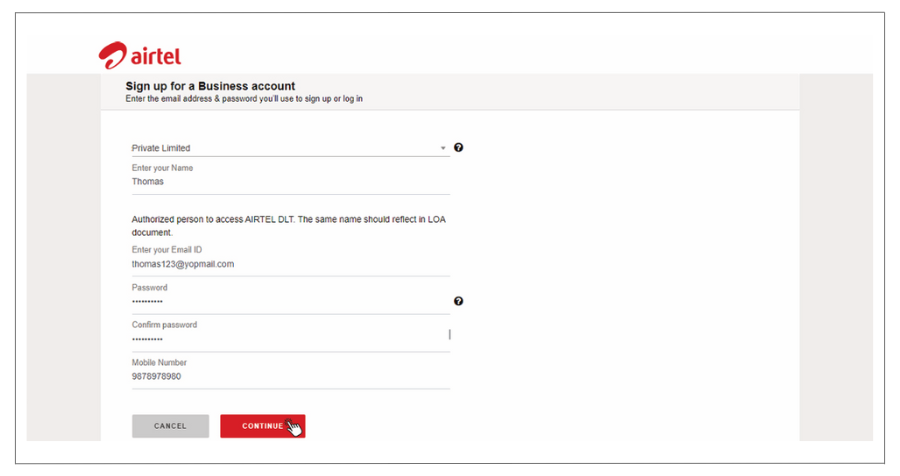 Airtel DLT Registration Business Details