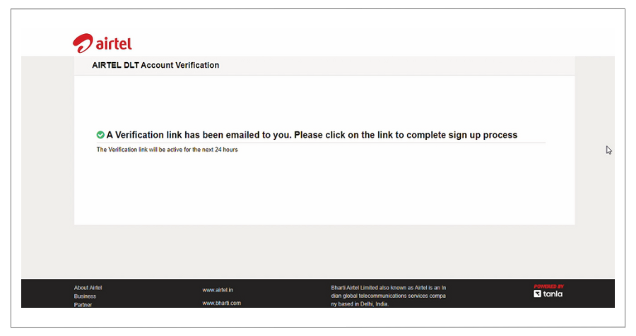 Airtel DLT Registration email verification