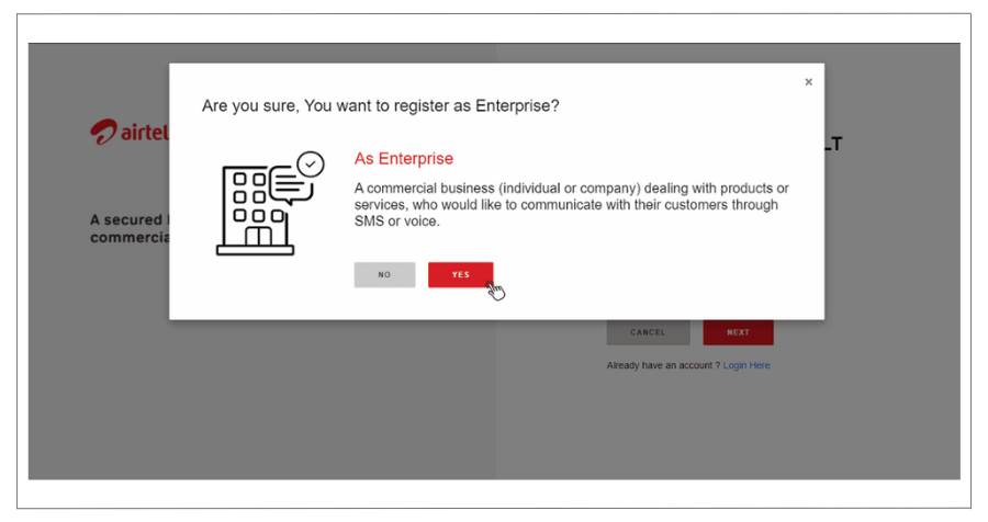 Airtel DLT Registration select yes