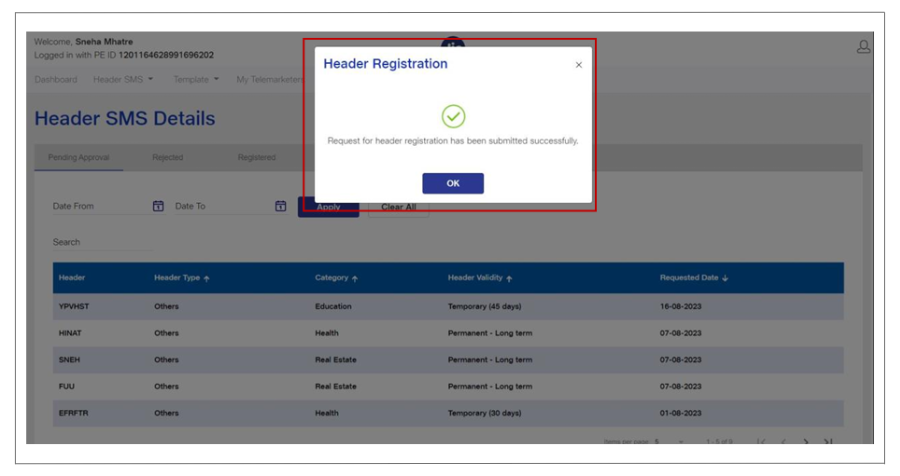 Header registration is successful
