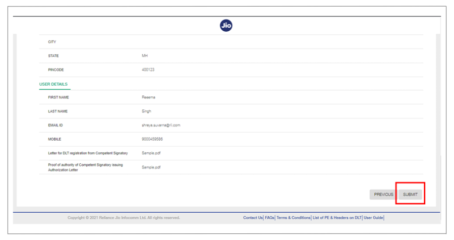 Principal Entity details submite