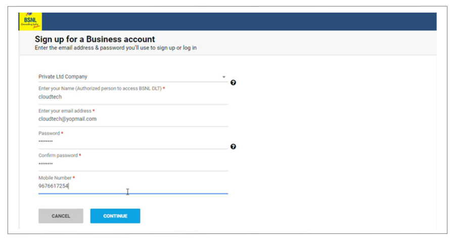 BSNL DLT Registartion Business Details