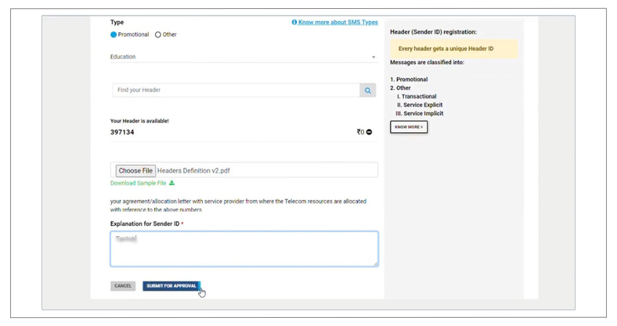 BSNL DLT add header deatils