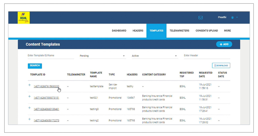 BSNL DLT add template approve