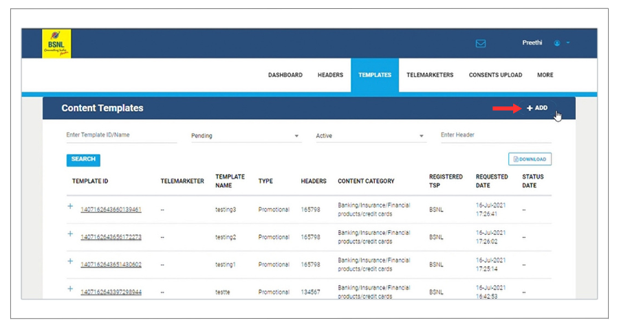 BSNL DLT add template create