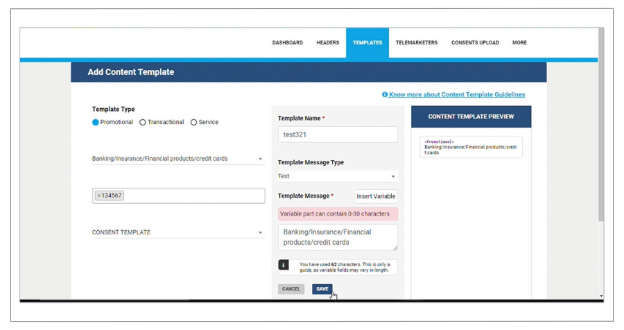 BSNL DLT add template details