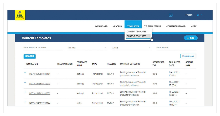 BSNL DLT add template