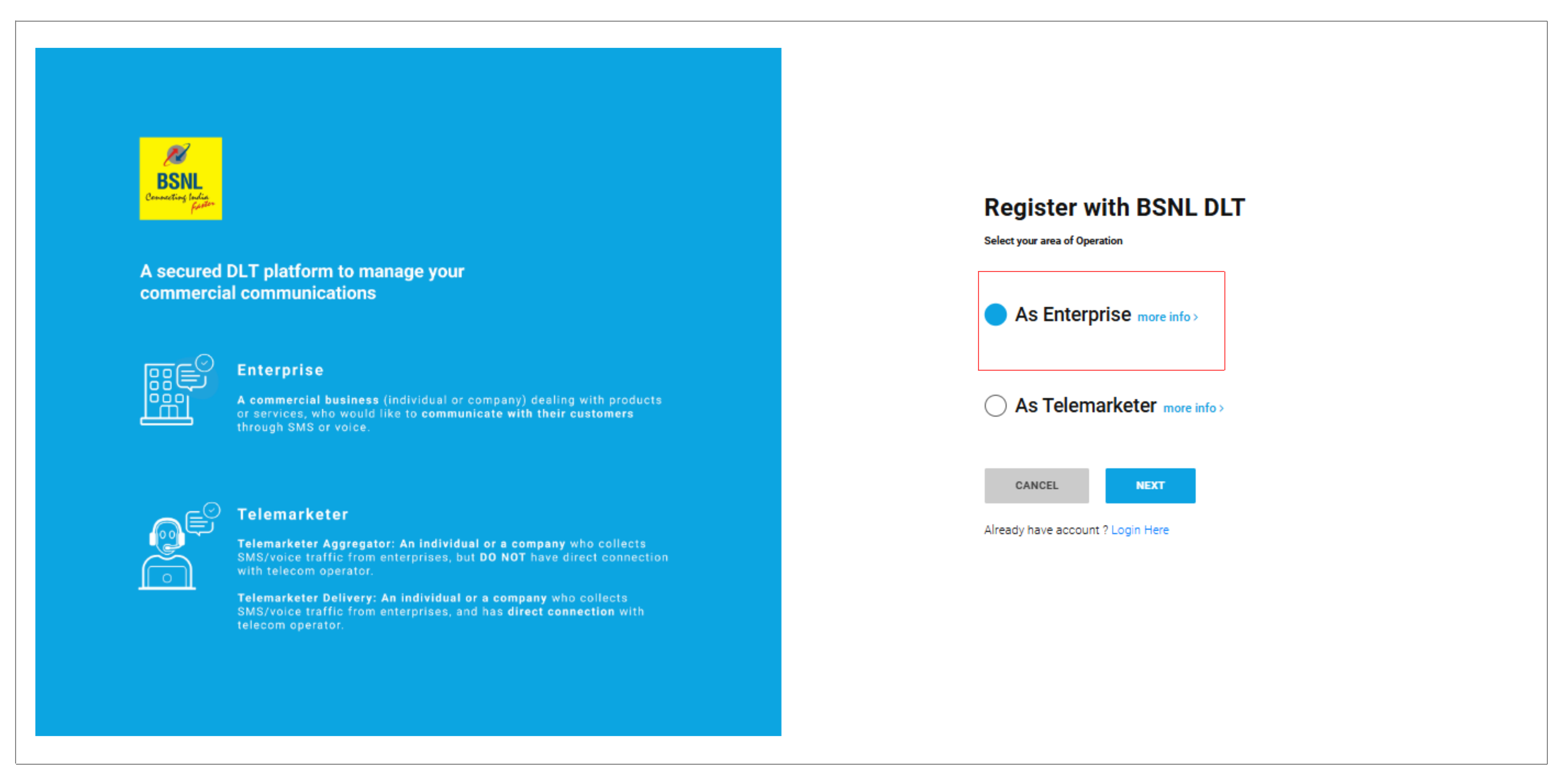 BSNL DLT login Enterprise