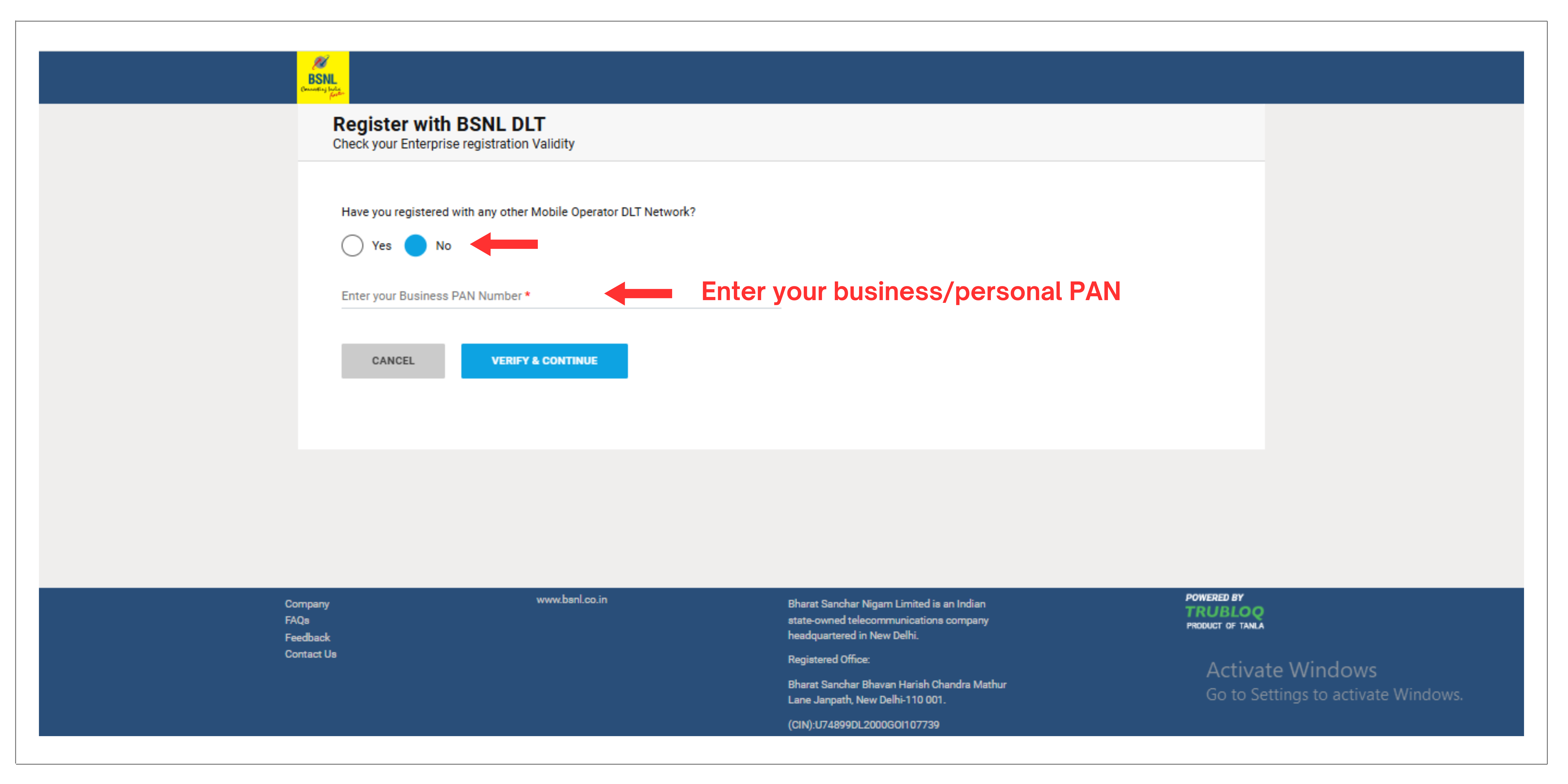 BSNL DLT registartion add pan details