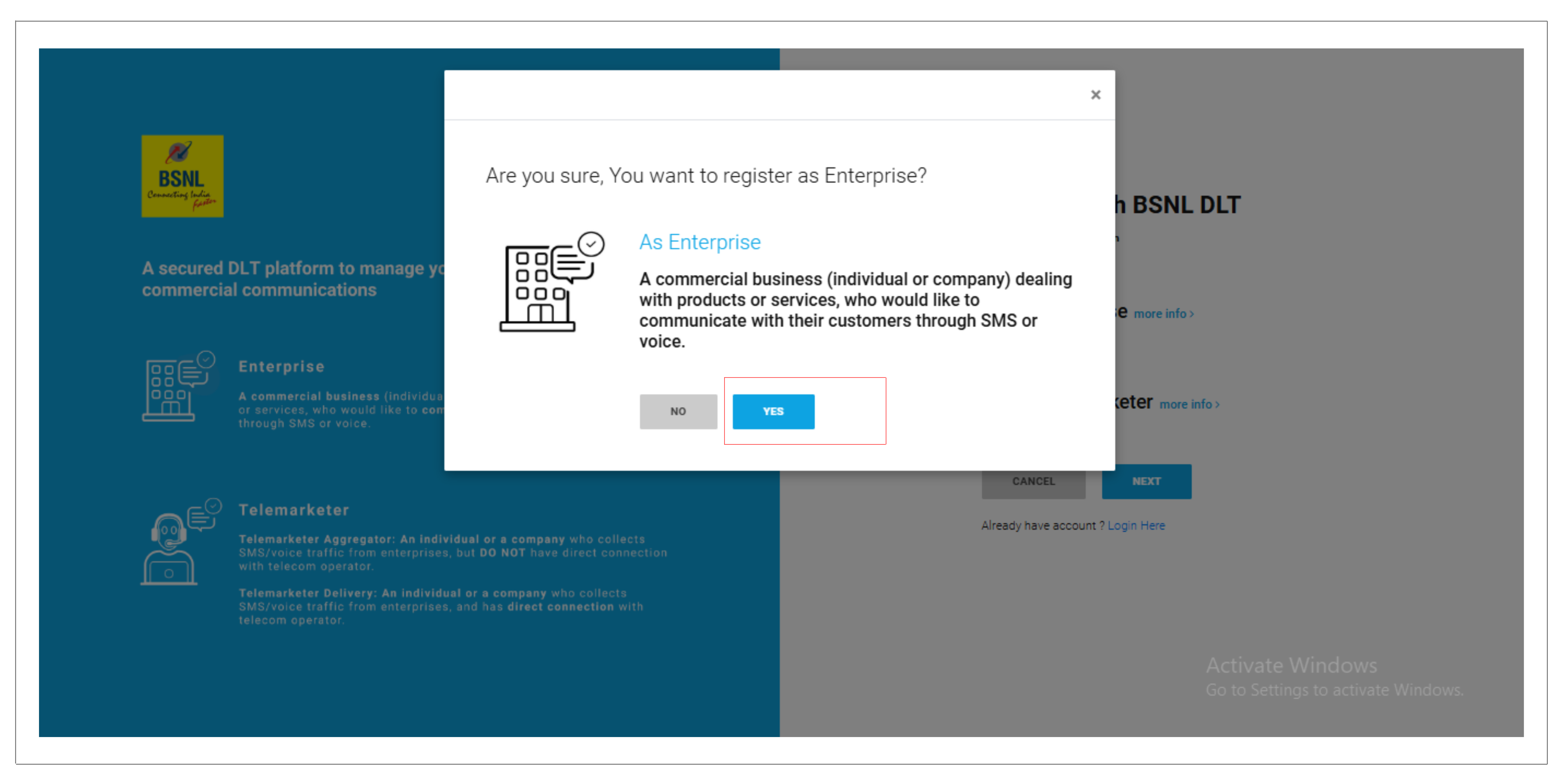 BSNL DLT registartion choose yes