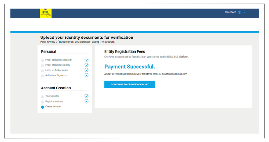 BSNL DLT registration payment successful