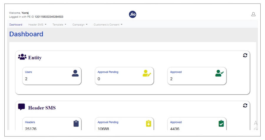 dashboard page Jio DLT