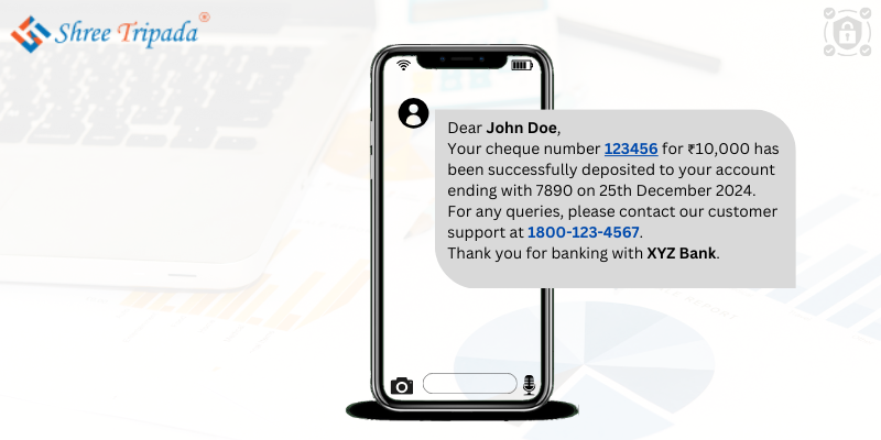 Finance Services informing customer for cheque deposit message via SMS