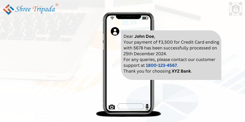 Finance Services informing customer for Credit card payment message via SMS