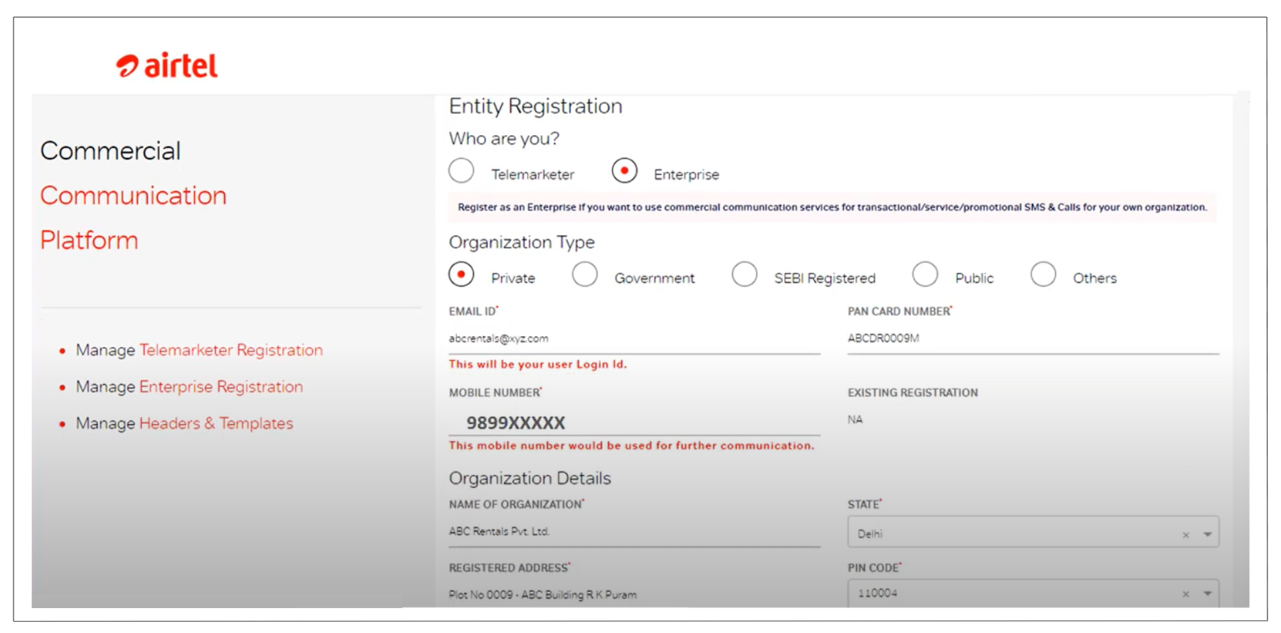 Organization Details on Airtel DLT Registration