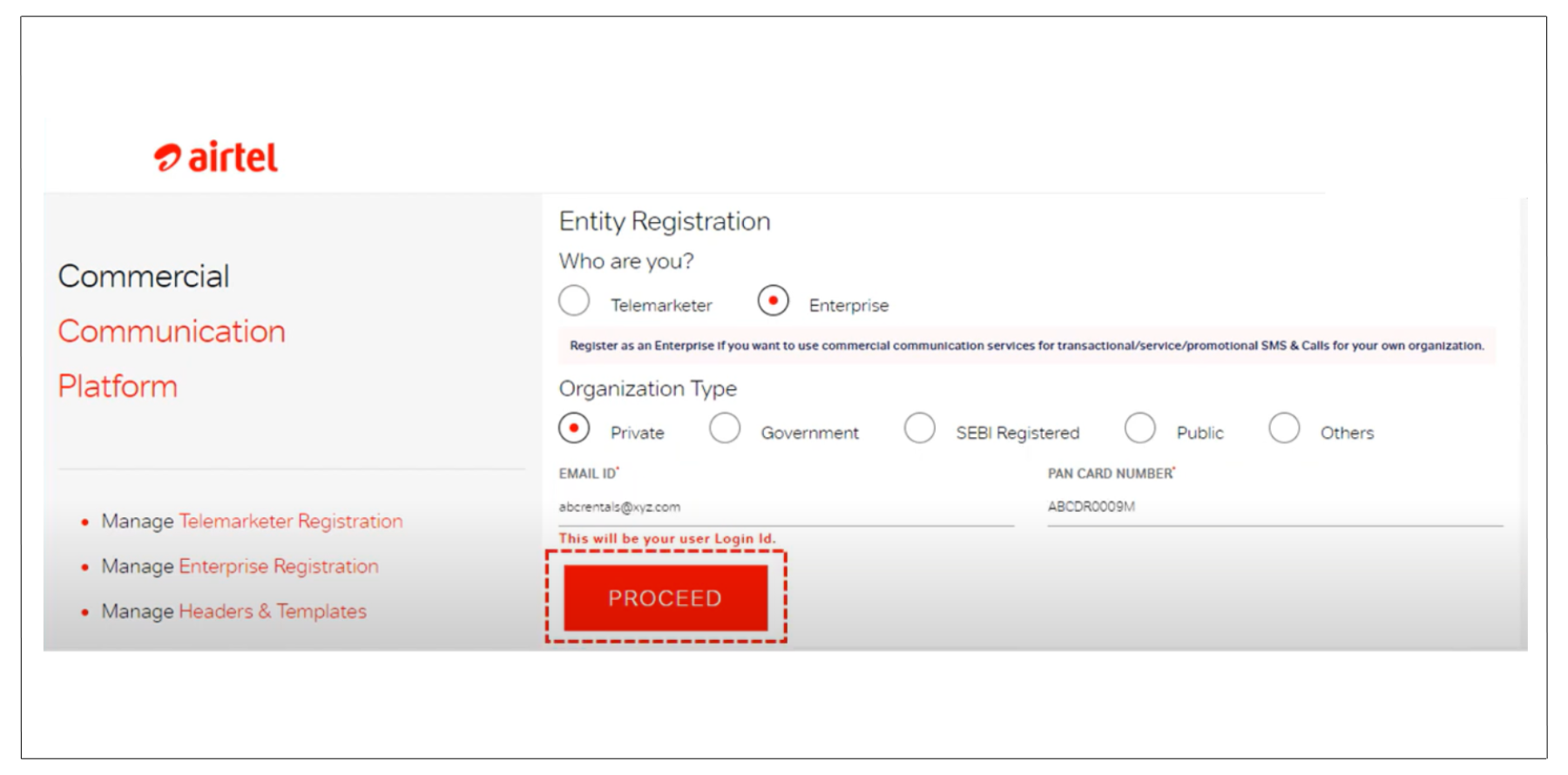 Organization Type on Airtel DLT Registration