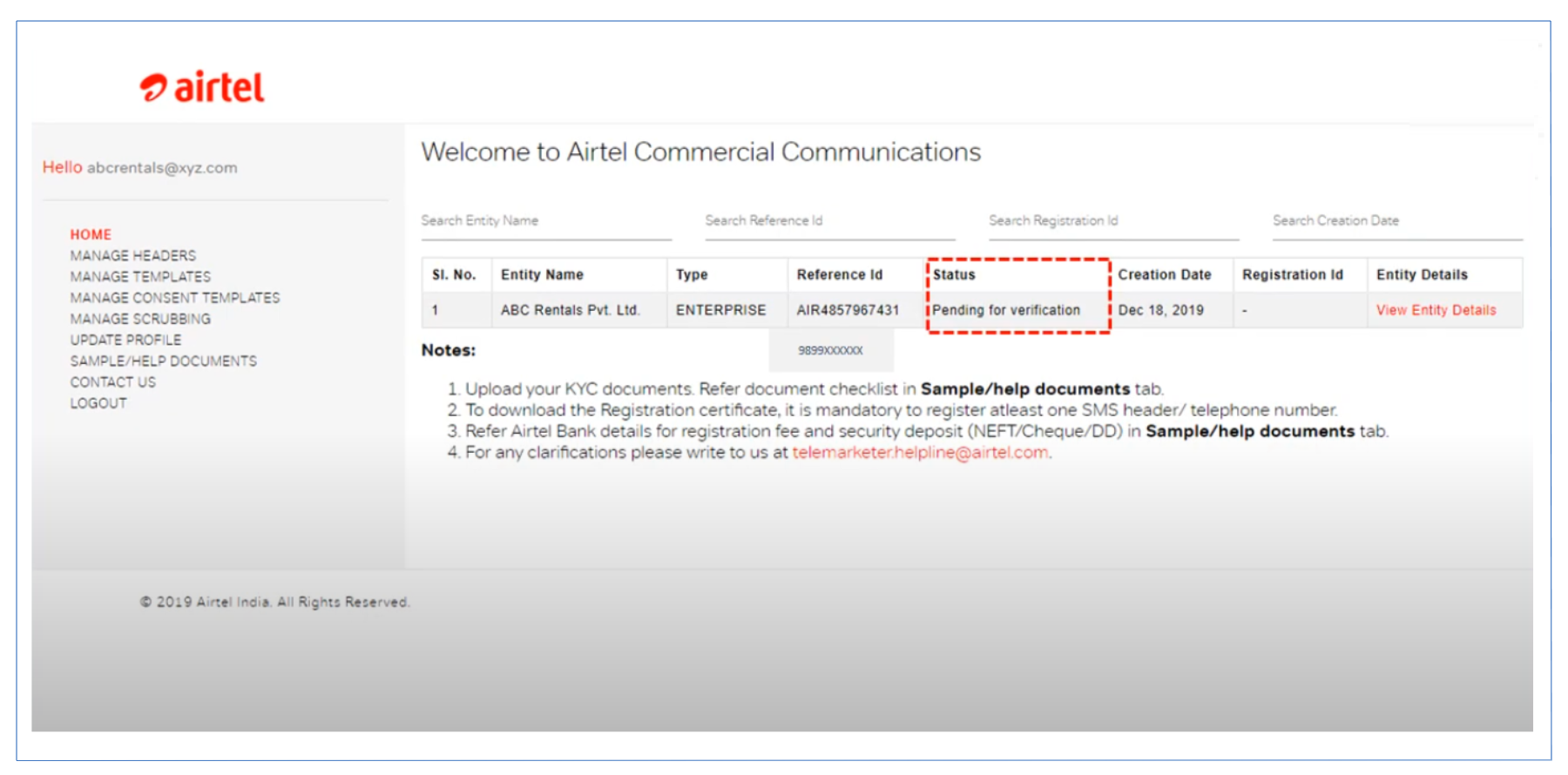 Pending for Verification new user Registration on Airtel DLT Process