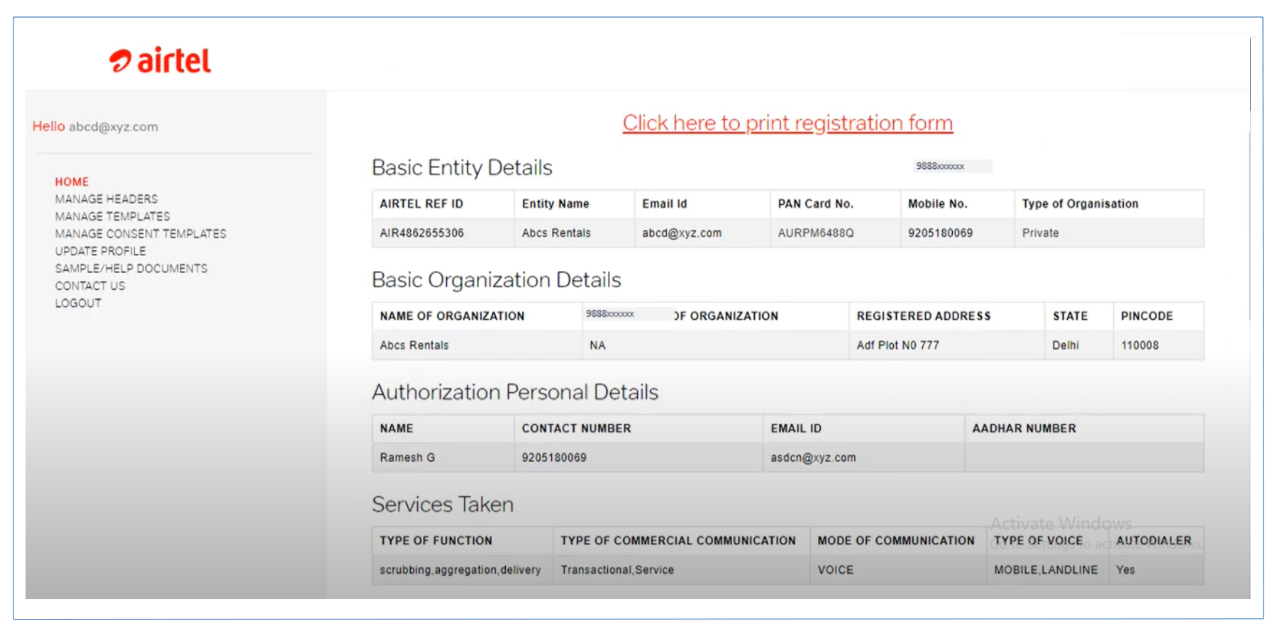 Print Registration form on Airtel DLT Process