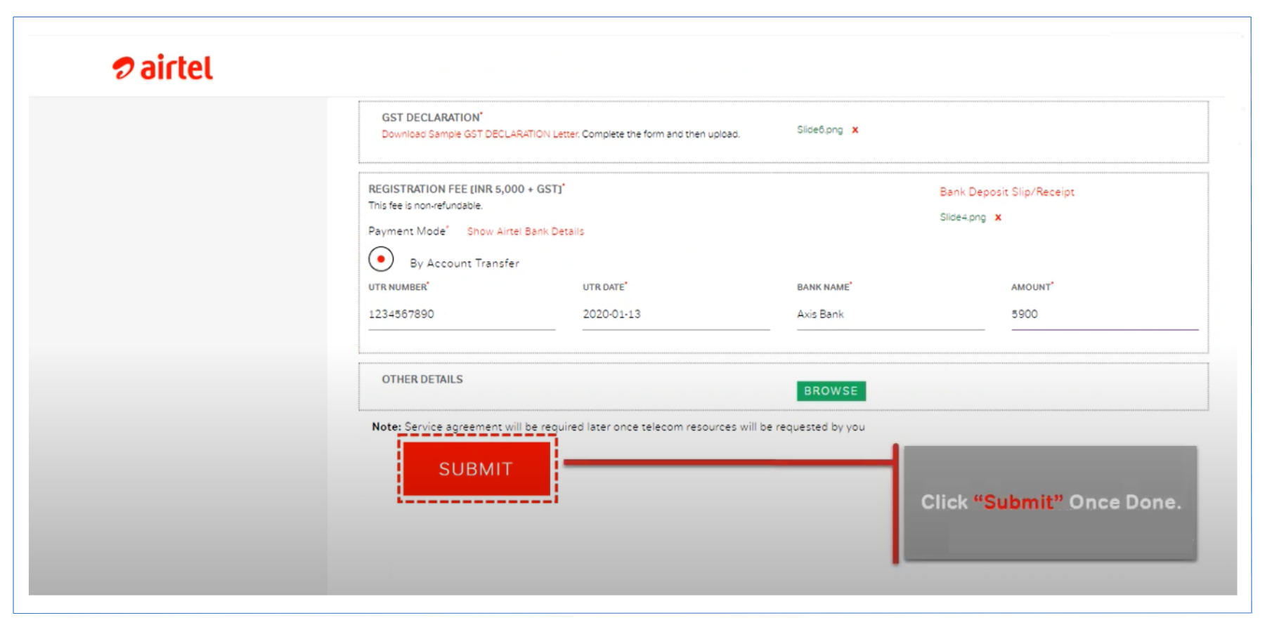 Submit to Process Airtel DLT Registration