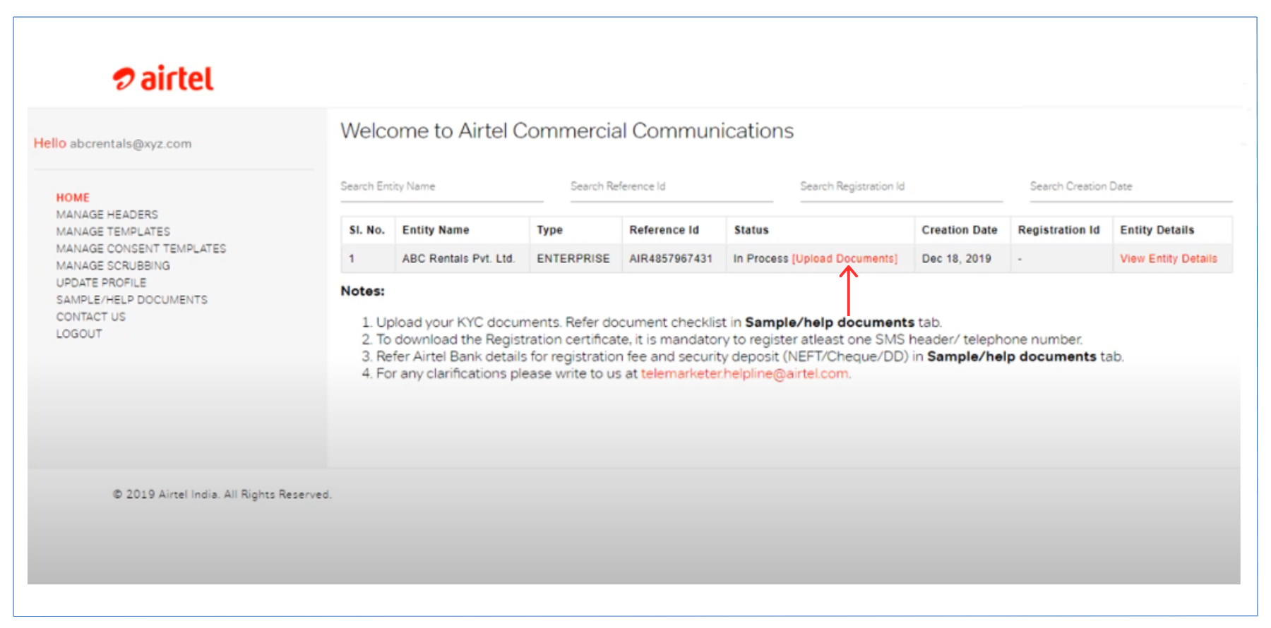 Upload Documents on Airtel DLT Process