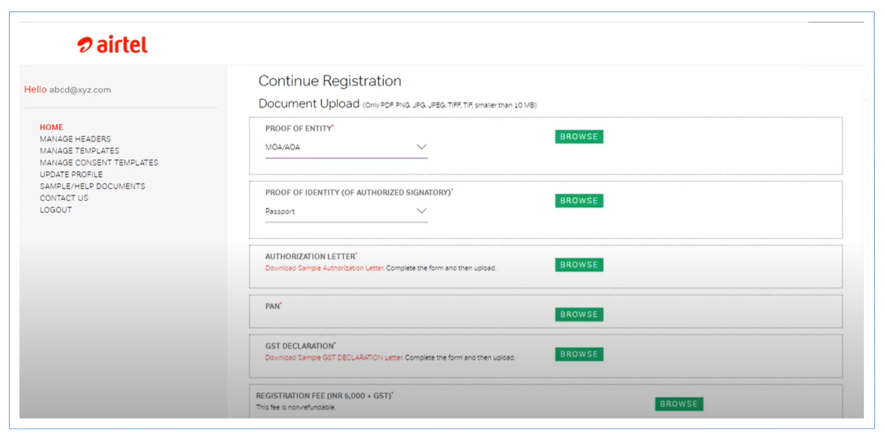 Uploading Documents on Airtel DLT Process